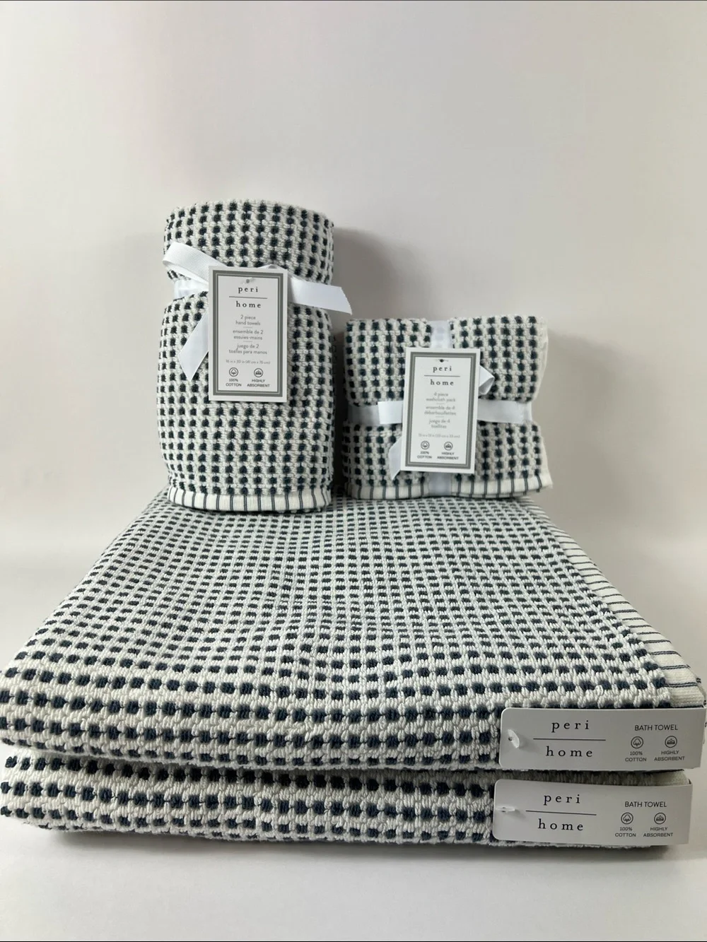 Peri Home Bath Towels Navy & White Modern Design Soft Cotton 8 Pc Set NEW